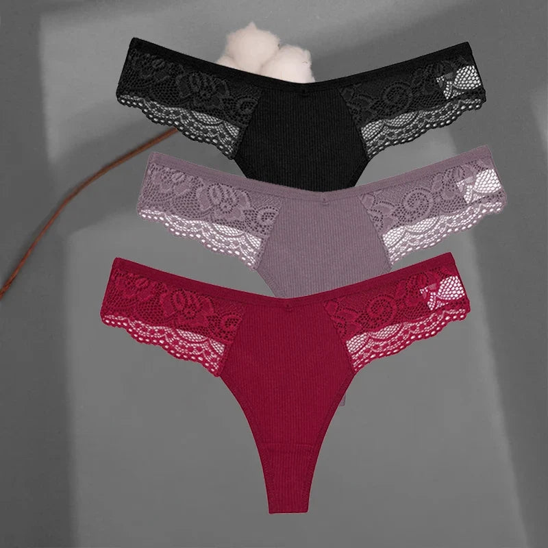 3Pcs/set Cotton Thongs Lace Bikini Underpants Women S-XL T-Back Underwear Ladies G-string Soft Thong Panties Female Lingerie New