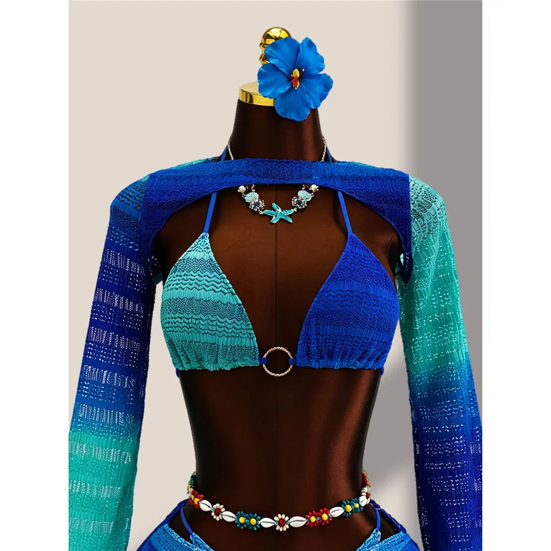 4PCS With Cover Up Skirt Gradient Bikini Women Swimwear Female Swimsuit Four-pieces Bikini set Bather Bathing Suit Swim V8303