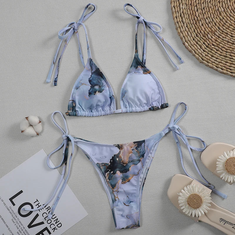 2026 Marble Printed Micro String Bikini Women Swimsuit Female Swimwear Two Pieces Bikini Set Tie Side Bather Bathing Suit Swim