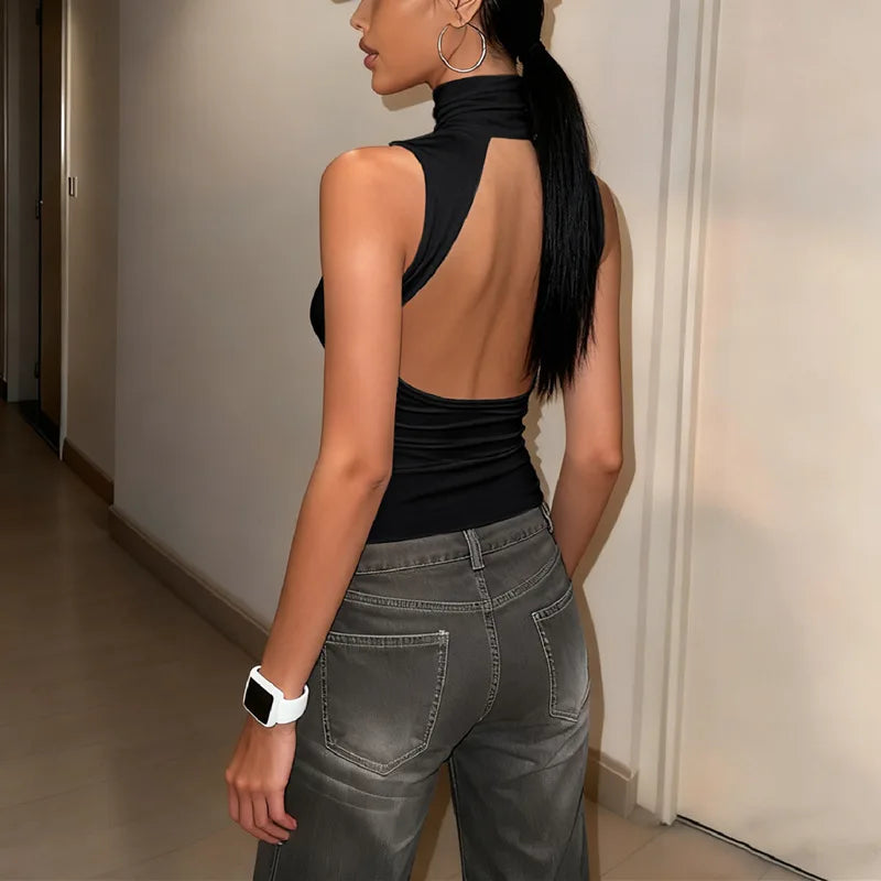 FDYOUI Fashion Turtleneck Sleeveless Tank Tops Streetwear Y2K Woman Clothes Backless Solid Corset T-shirt Female Skinny Crop Top