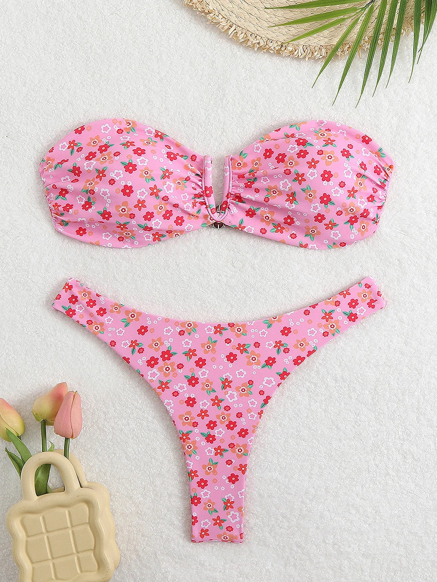 Floral Bandeau Thong Bikini 2025 Sexy Swimsuit Women Brazilian Swimwear Female Bathers Bathing Swimming Swim Suit Beachwear