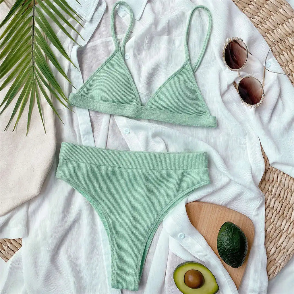 S - XL Sexy Female Swimsuit High Waist Bikini Women Swimwear Two-Pieces Bikini Set Ribbed Bather Bathing Suit Swim V2328