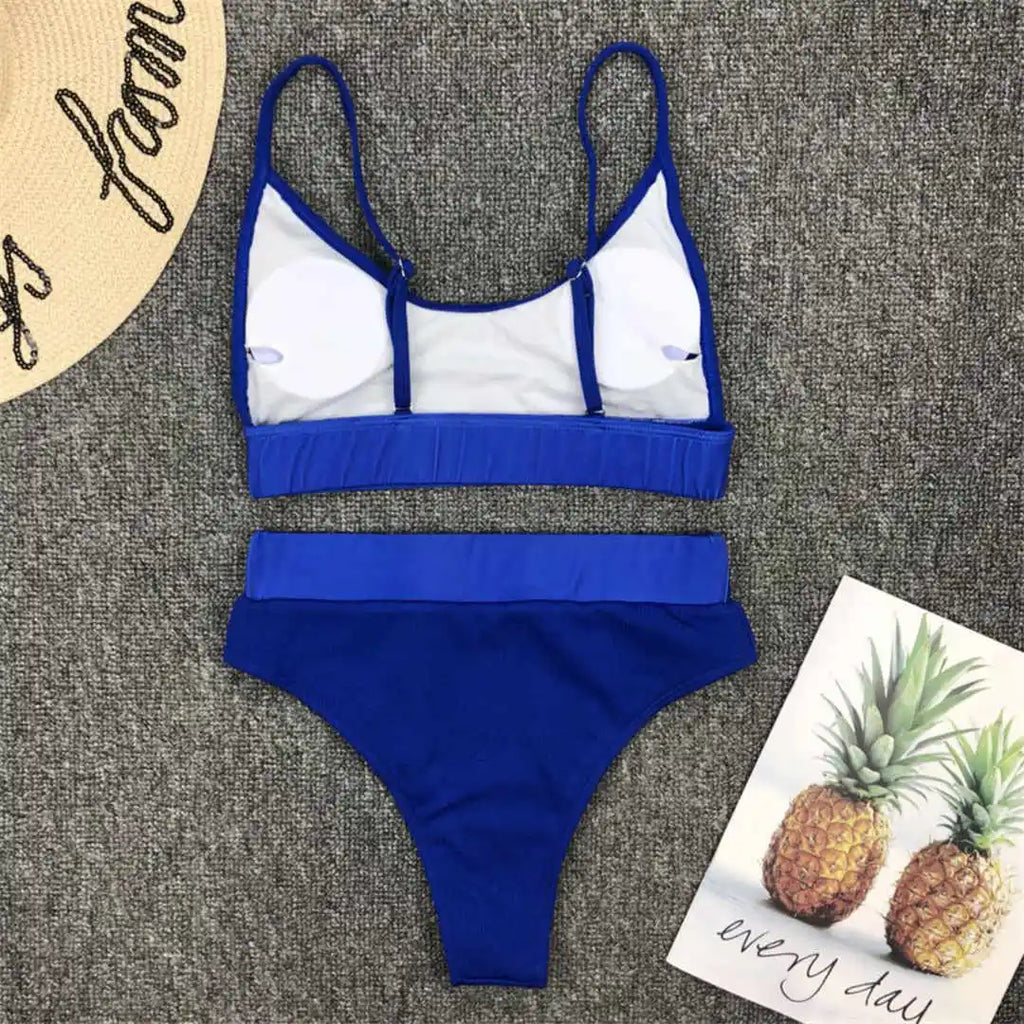 S - XL Sexy Female Swimsuit High Waist Bikini Women Swimwear Two-Pieces Bikini Set Bather Ribbed Bathing Suit Swim Lady V2375
