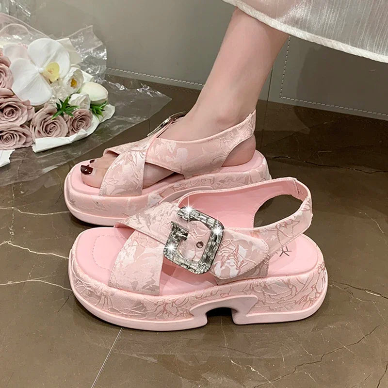 Fashion Crystal Buckle Platform Sandals Women Pink Embroidery Thick Heels Sandalias Mujer Comfortable Heightened Rome Sandals