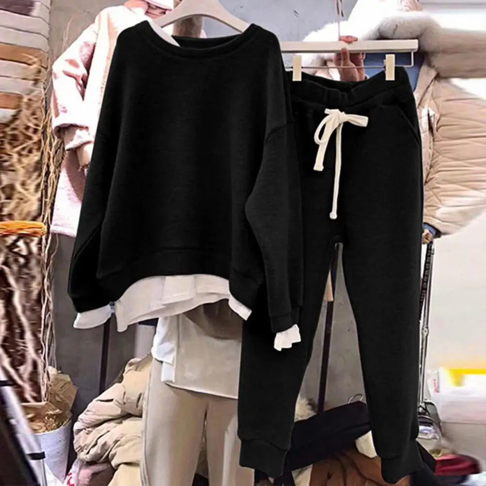 2 Pcs/Set Women Sweatshirt Pants Set Fake Two-piece Crew Neck Loose Elastic Waist Drawstring Casual Women Autumn Tracksuit
