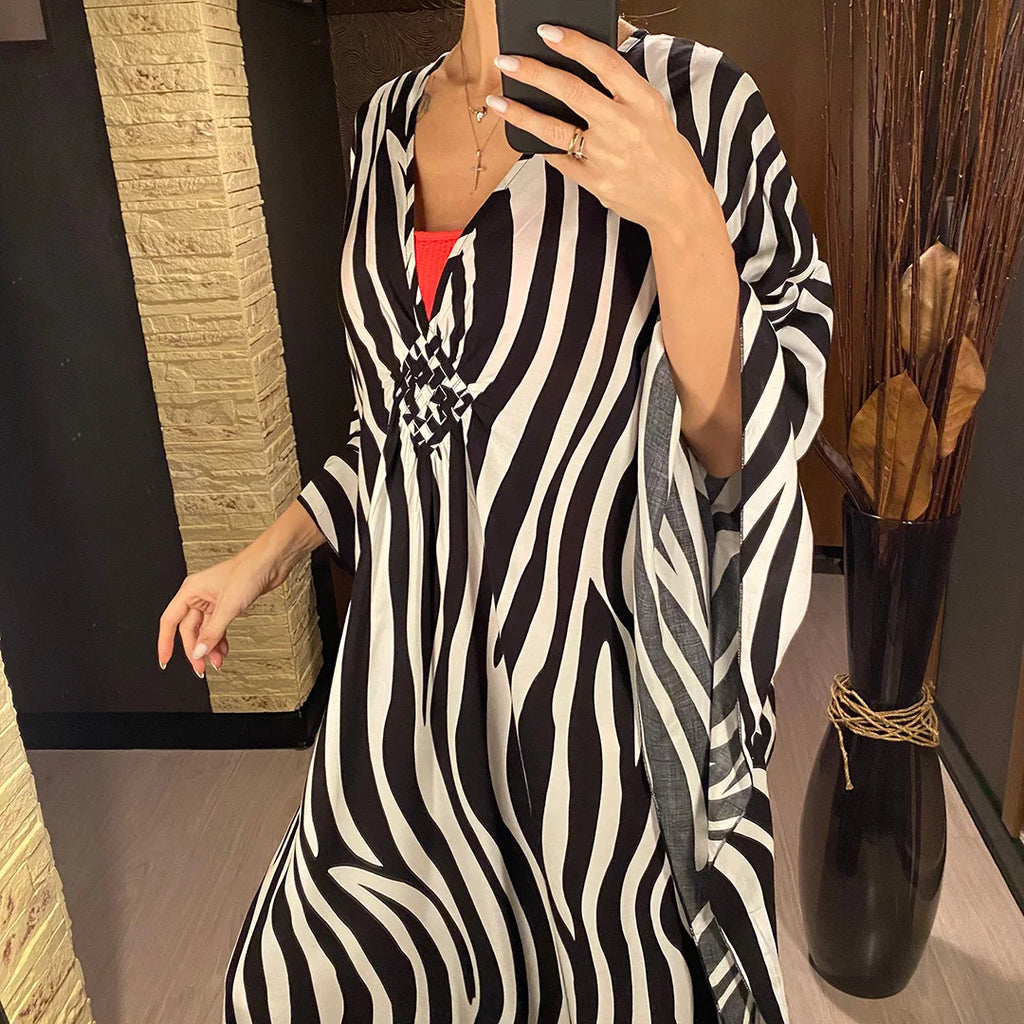 Sexy Zebra Printed V Neck Tunic Beach Cover Up Cover-ups Beach Dress Beach Wear Beachwear Beach Long Dress Female Women V4159
