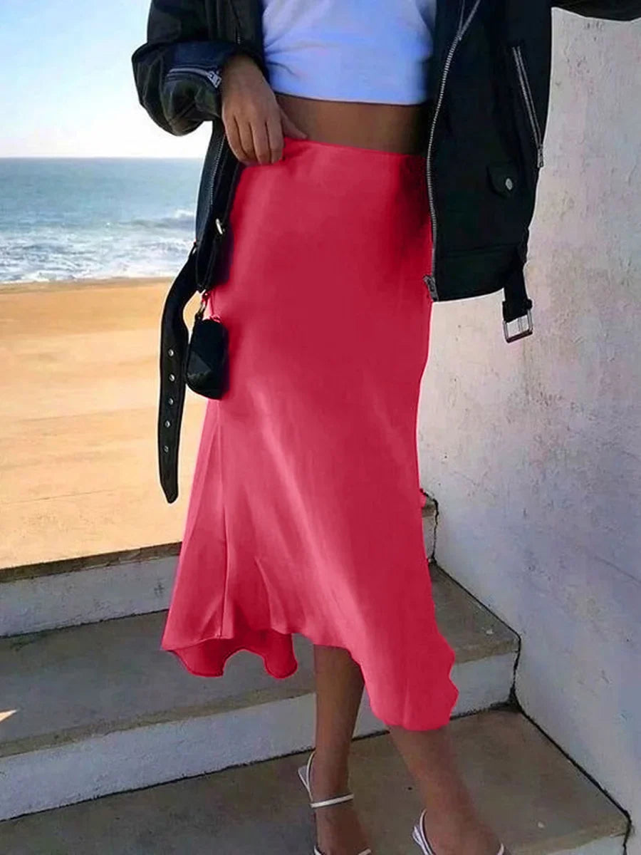 Women's Summer High Waist Skirt Solid Color Long Satin Skirt for Travel, Beach, Shopping