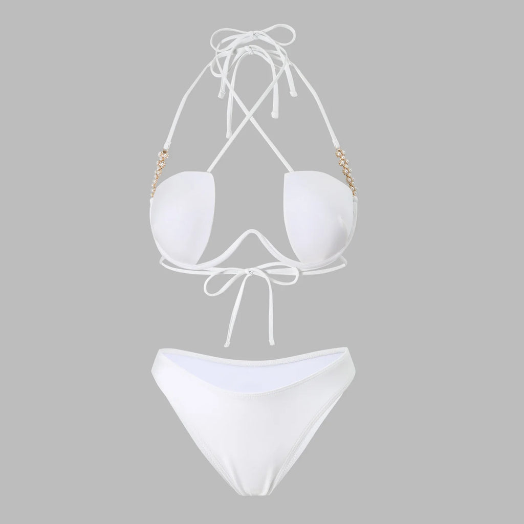 Halter Pearls V-Bar Underwired Bra Cup Bikini Women Swimwear Female Swimsuit Two-pieces Bikini Set Push Up Bathing Suit Swim
