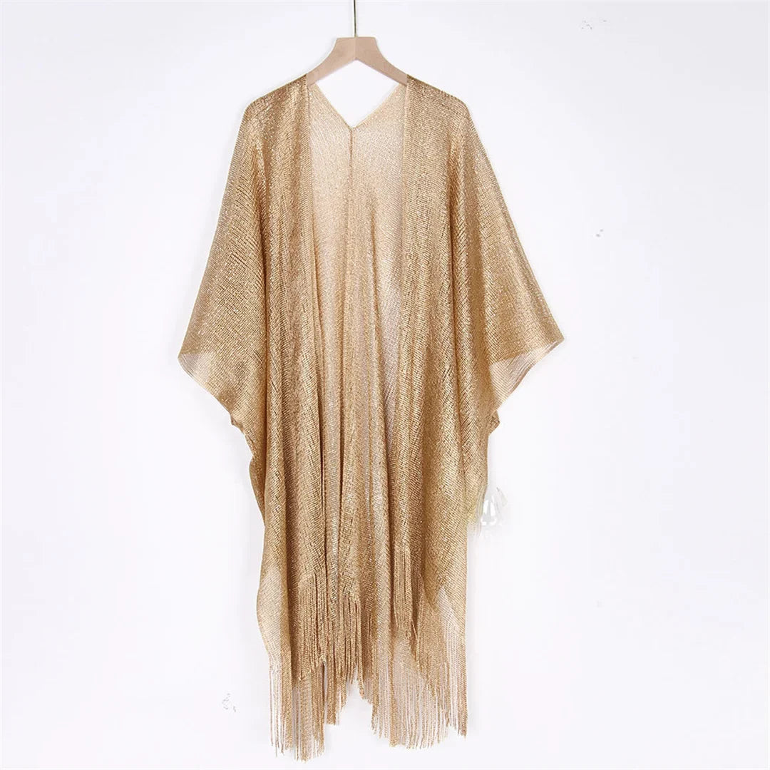 Sexy Fringe Tassel Mesh Sheer Shiny Knitted Tunic Beach Cover Up Cover-ups Beach Dress Beach Wear Beachwear Female Women V3321
