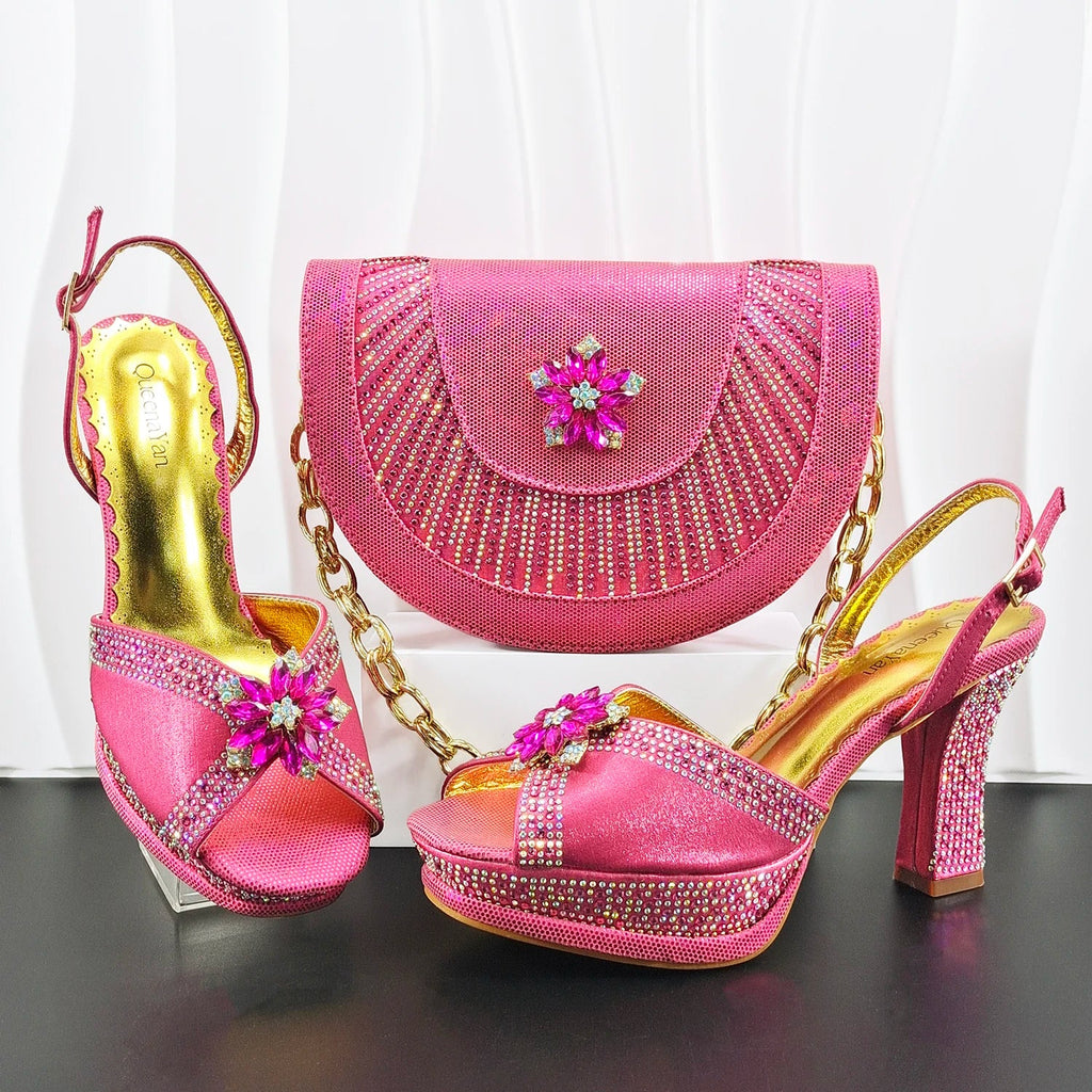Doershow Italian COFFEE Shoes And Bag Sets For Evening Party With Stones Italian Leather Handbags Match Bags! HM1-1