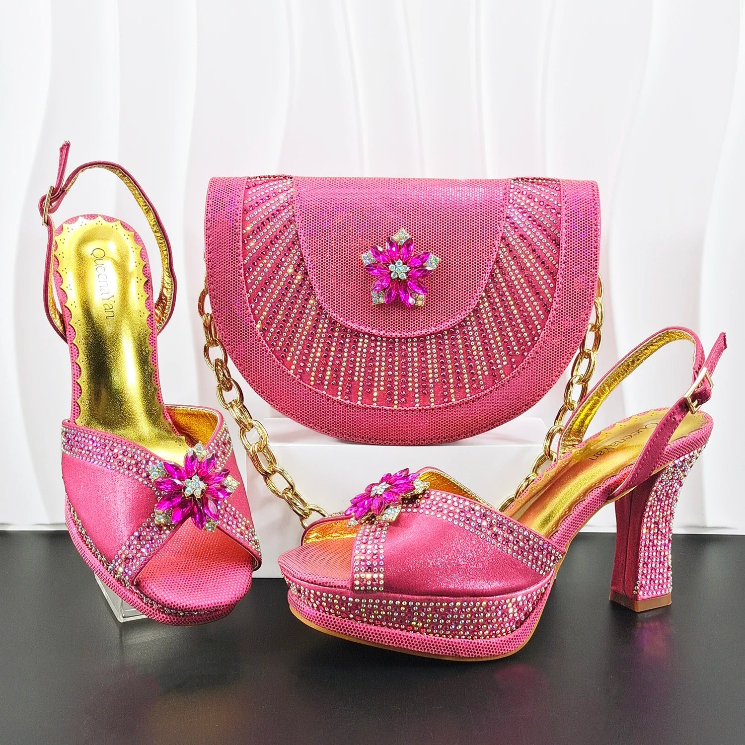 Doershow Italian COFFEE Shoes And Bag Sets For Evening Party With Stones Italian Leather Handbags Match Bags! HM1-1