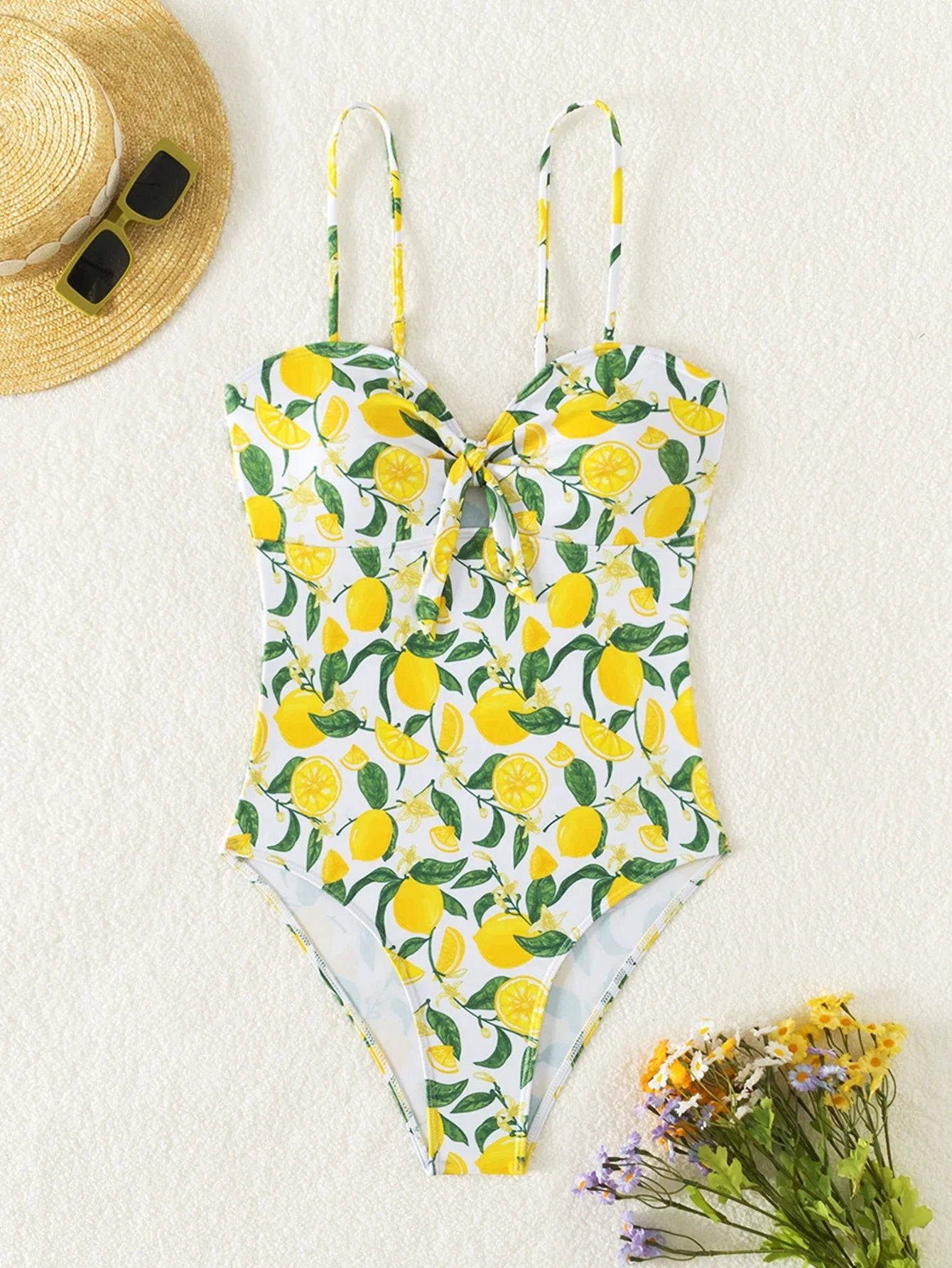 2026 New Yellow Fruit Print Bikini Suspender Backless Sexy One Piece Swimsuit High Waist Hollow Out Beach Vacation Bathing Suit