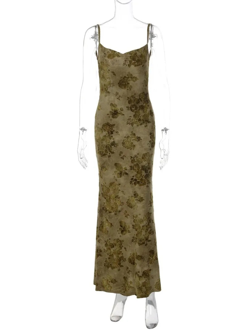 FDYOUI Sexy Elegant Chain Backless Green Floral Evening Dress for Women Sleeveless Bodycon Long Cocktail Dresses Party Club Gown