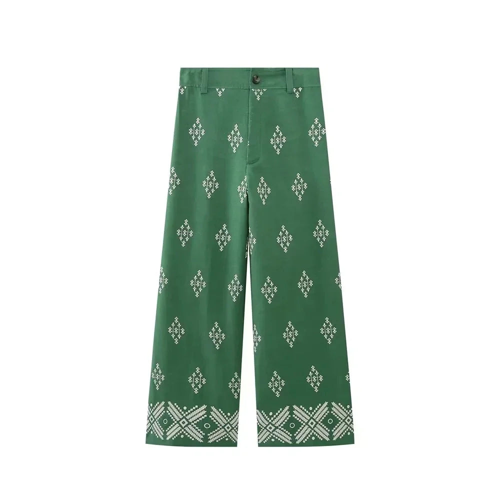 Foridol Geometric Embroidery Wide Leg Spring Summer Women Beige Long Pants Zip Fashion Trousers Pantalones De Mujer Autumn Pants