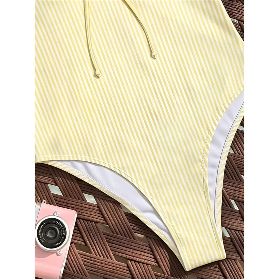 S - XL Striped Plaid V Neck Women Swimwear One Piece Swimsuit Female Frilled High Leg Cut Padded Bather Bathing Suit Swim V8288