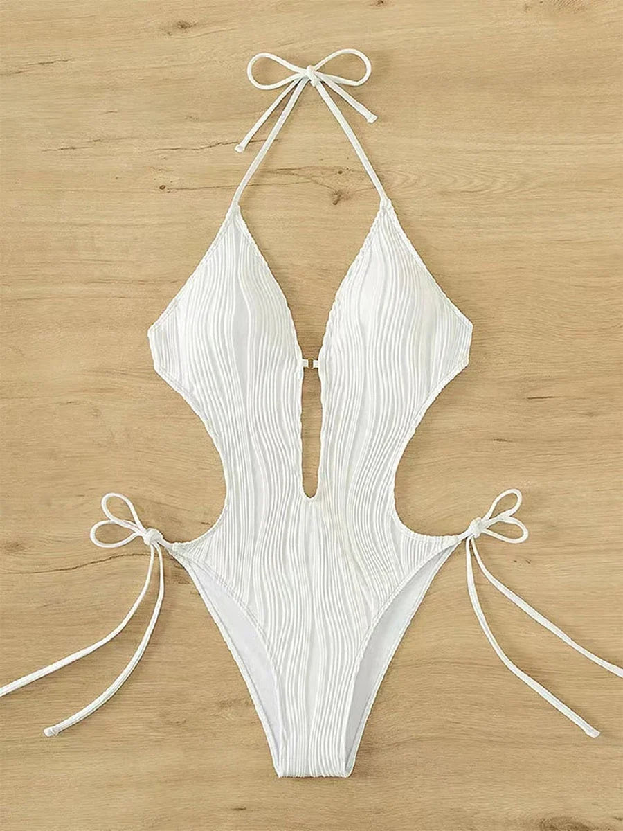 Monokini 2026 Drawstring Swimsuit One Piece Sexy Solid Hollow Swimwear Women Bathing Swimming Swim Suit Padded Beachwear Summer