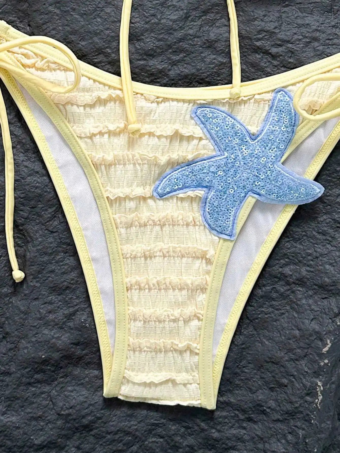 Sexy Yellow Starfish Bikini Set 2026 Women Bandeau Pleate Push Up Bra Drawstring Side Thong Swimsuit Beach Bathing Suit Swimwear