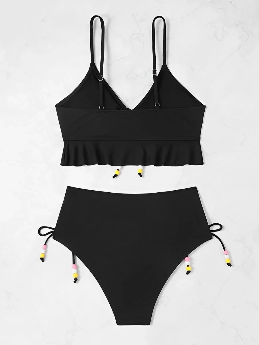 2026 High Waist Bikini Women Drawstring Swimwear Female Ruffle Swimsuit Solid Bathers Bathing Swimming Swim Suit Beachwear