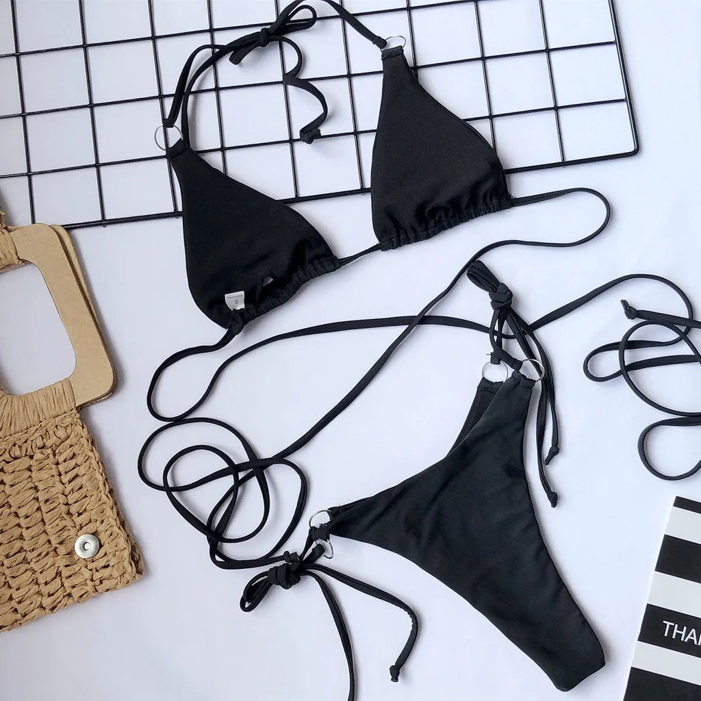 4 Colors Sexy Bikini Women Solid Leopard Bandage Halter Swimwear Swimsuit Female Beach Bikinis Set Bathing Suit Banadores Mujer