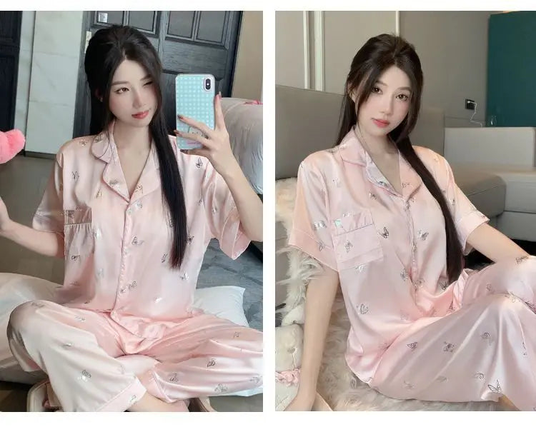Women's padded pajamas spring and summer three-piece silk home clothes can be worn outside