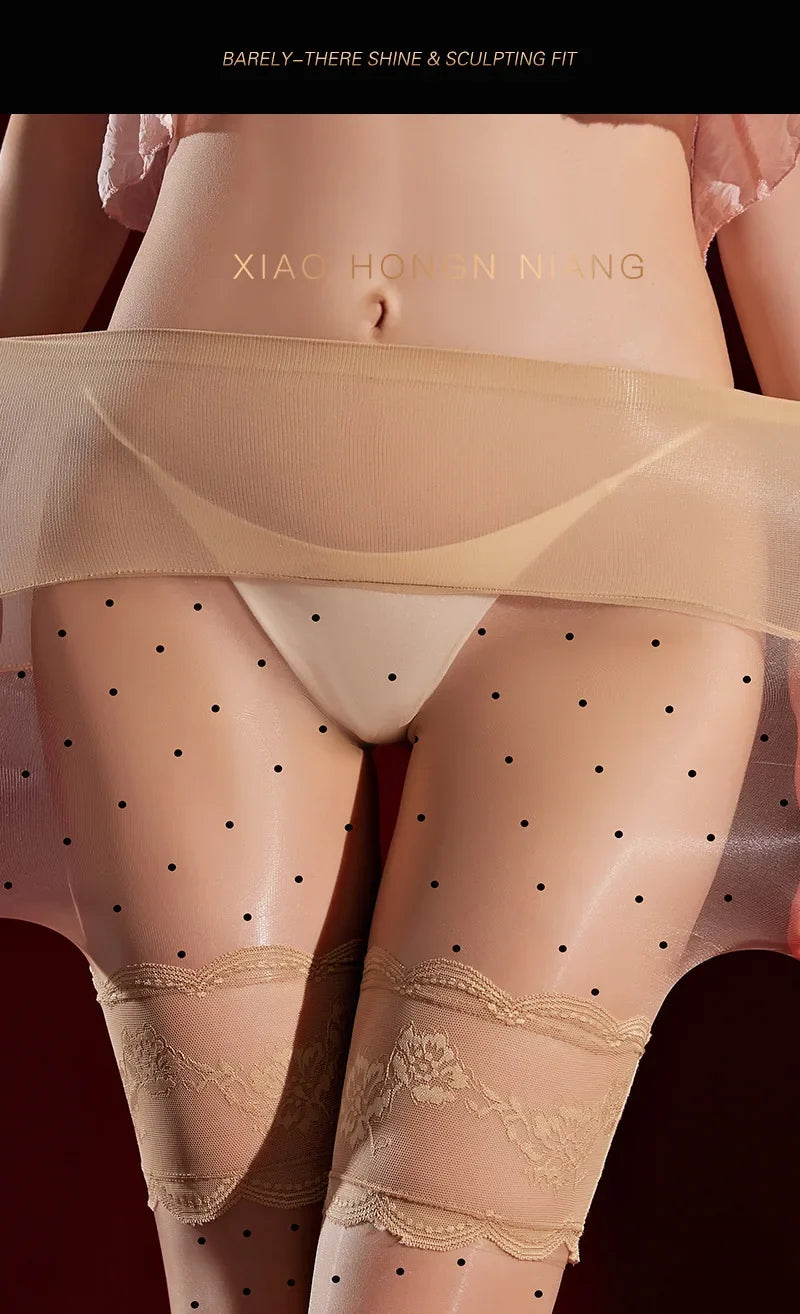 Polka Dot Fake Two-Piece Lace Long Pantyhose Aurora Glossy Open Crotch Two-Tone Spliced Sexy Pantyhose Solid Color Elegant 8WS3