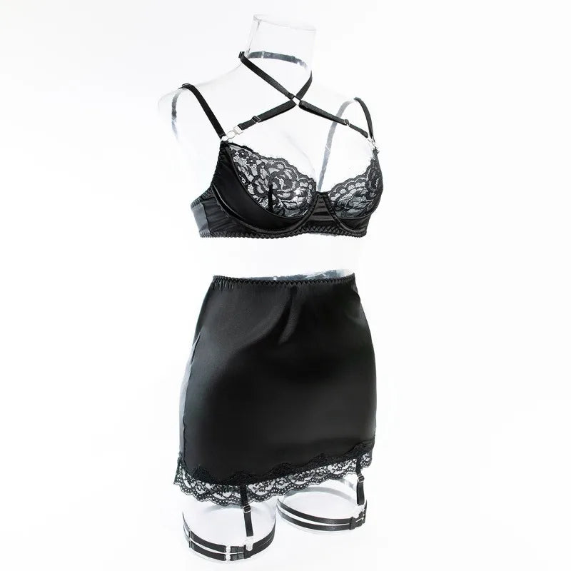 Toucheart Sexy Lingerie Set for Women Mesh Perspective Bra Set Lace Lace Splicing Sexy Hip-pack Skirt Sexy Underwear Garters Set