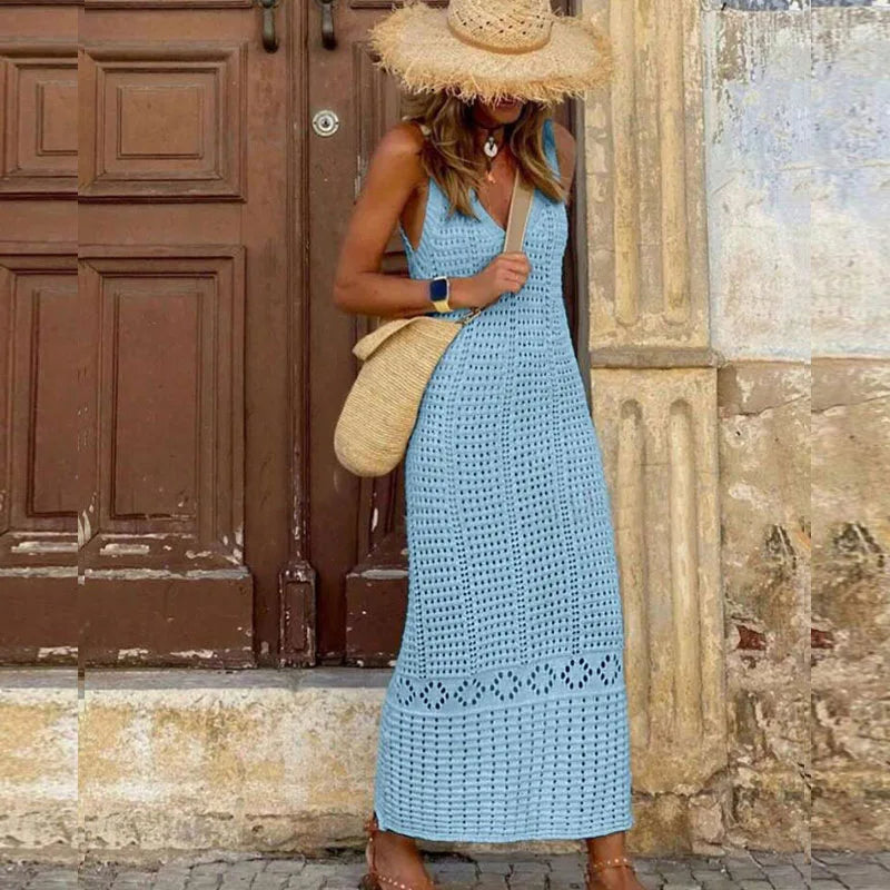 S - XL 2025 V Neck Hollow Out Crochet Knitted Tunic Beach Cover Up Long Cover-ups Beach Dress Beach Wear Beachwear Female Women