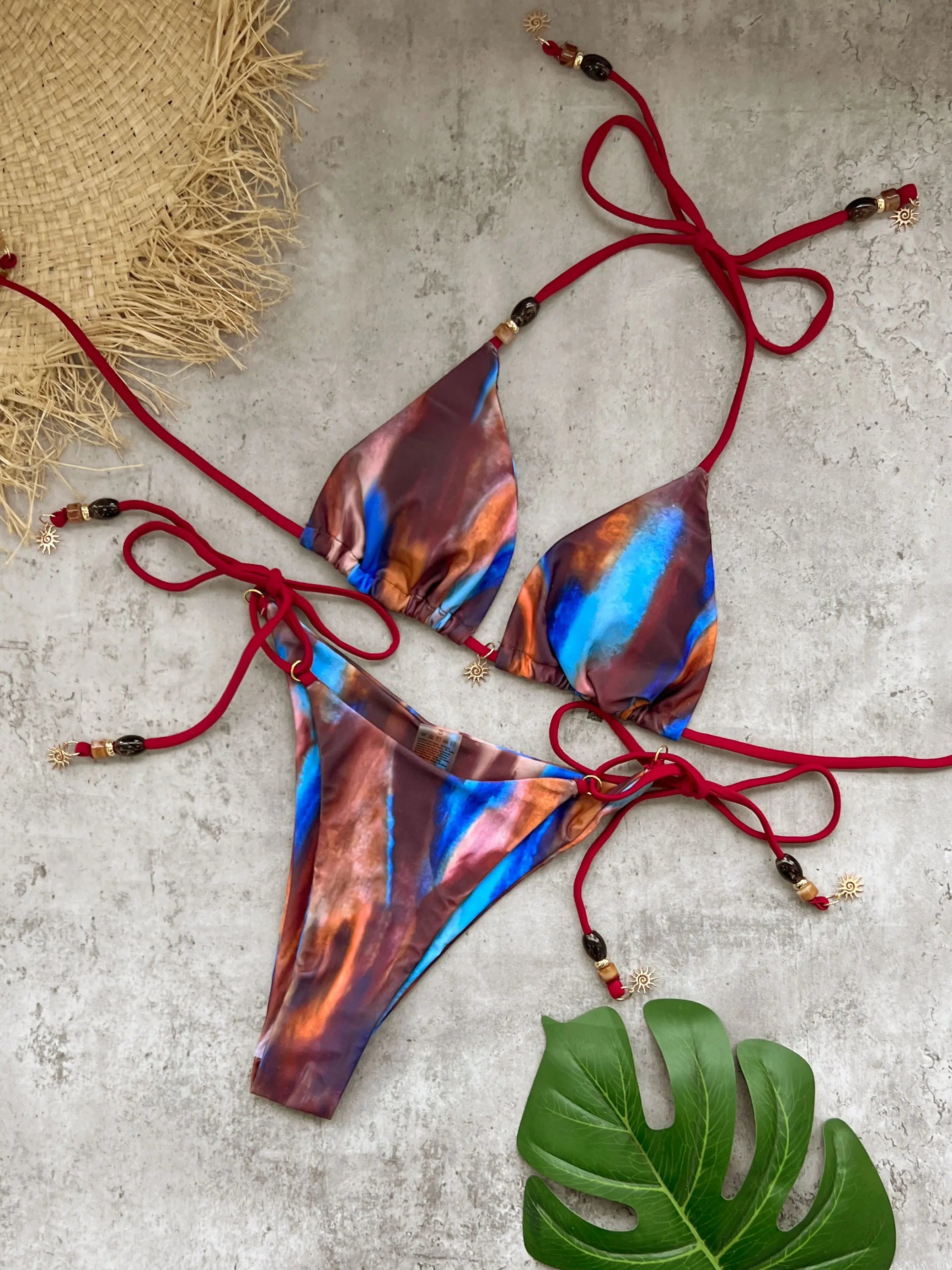 Sexy Beads Decorated Lace-up Bikini Women's Swimsuit Fashion Lady Low Waist Biquini Swimwear Mujer Bathing Suit Female Beachwear