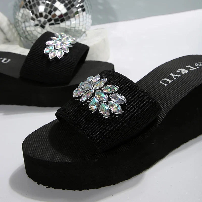 Rhinestone Decor Platform Slippers Women Summer Elastic Band Wedge Heels Sandals Woman Non Slip Lightweight Outdoor Slides 36-42