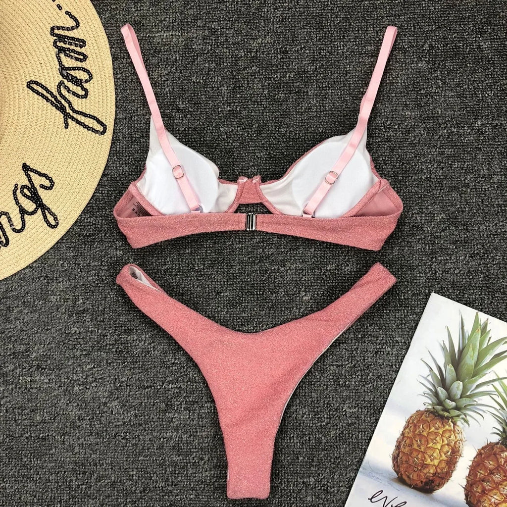 Sexy Silver Glitter Bikini 2026 Swimwear Women Push Up Cut Out Underwire Thong Swimsuit Summer Brazilian Bathing Suit Biquini