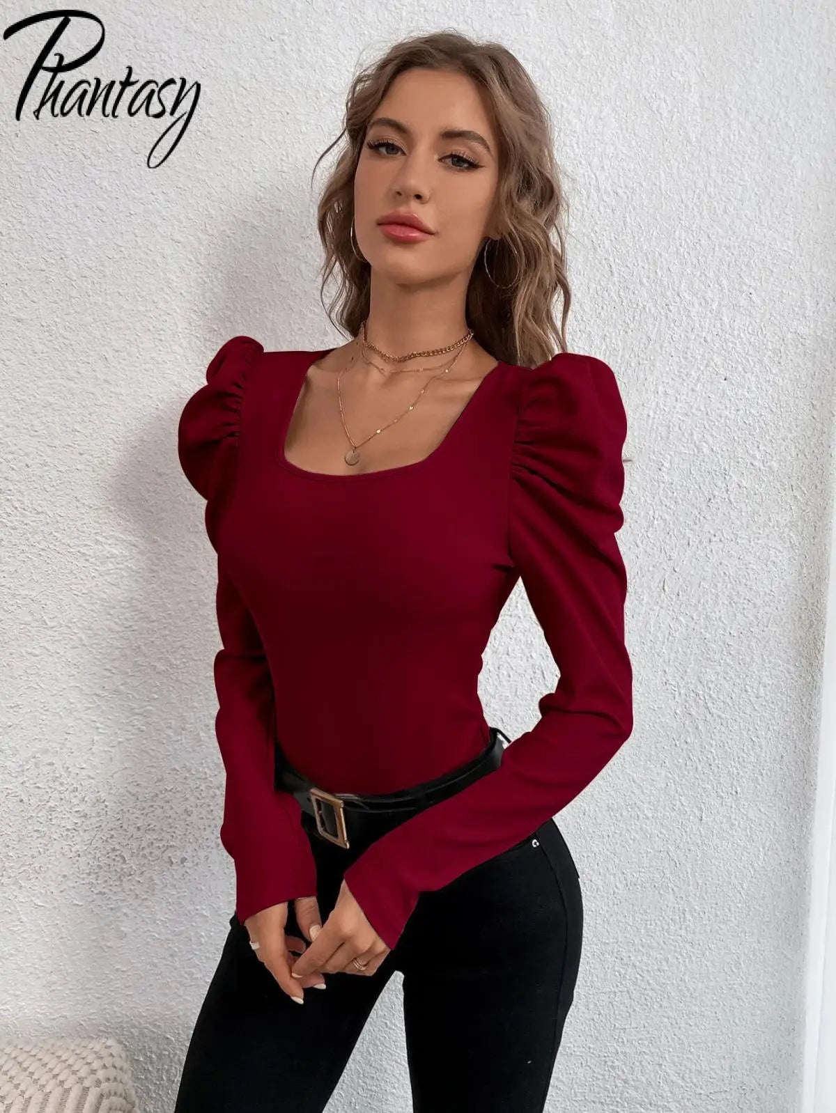 Phantasy New Y2k Tops Fashion Square Collar Slim Leg Sleeve Knitted Bubble Long Sleeve T-shirt Casual Style Vintage Clothing