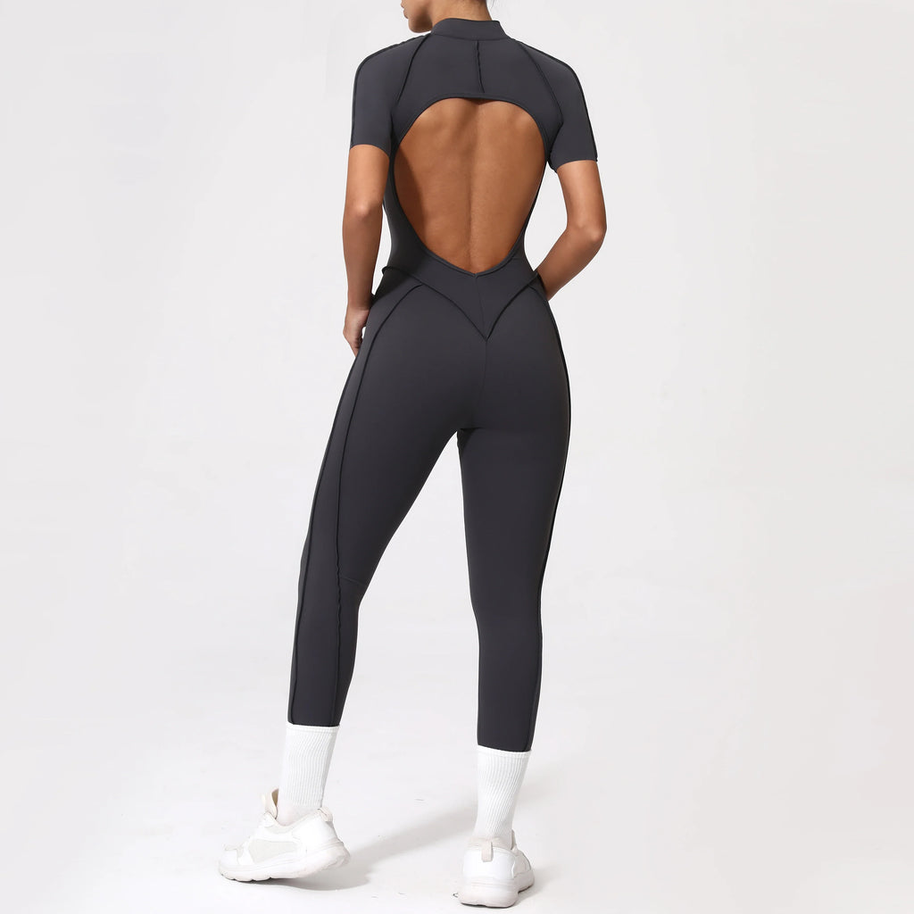 With Zipper Hollow Back Yoga Jumpsuit Sportswear Women Gym Clothes Running Fitness Yoga Backless Bodysuit