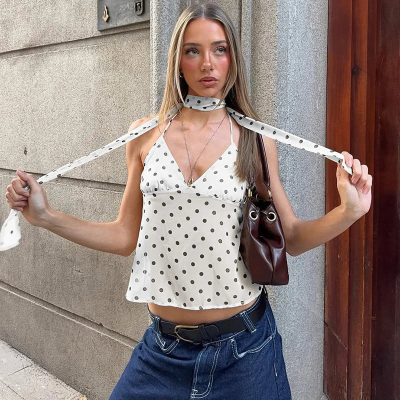 FDYOUI Y2K Bandage Polka Dot Crop Top Women 2026 Summer Sexy Halter Lace-up Camisoles Girls Chic Backless Tanks Tops Streetwear