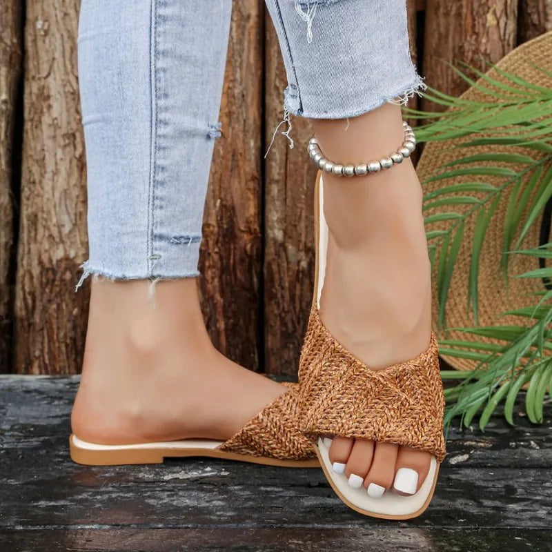 Women Open Toe Weave Slippers Ladies Outdoor Soft Sole  Flats 2026 New Summer