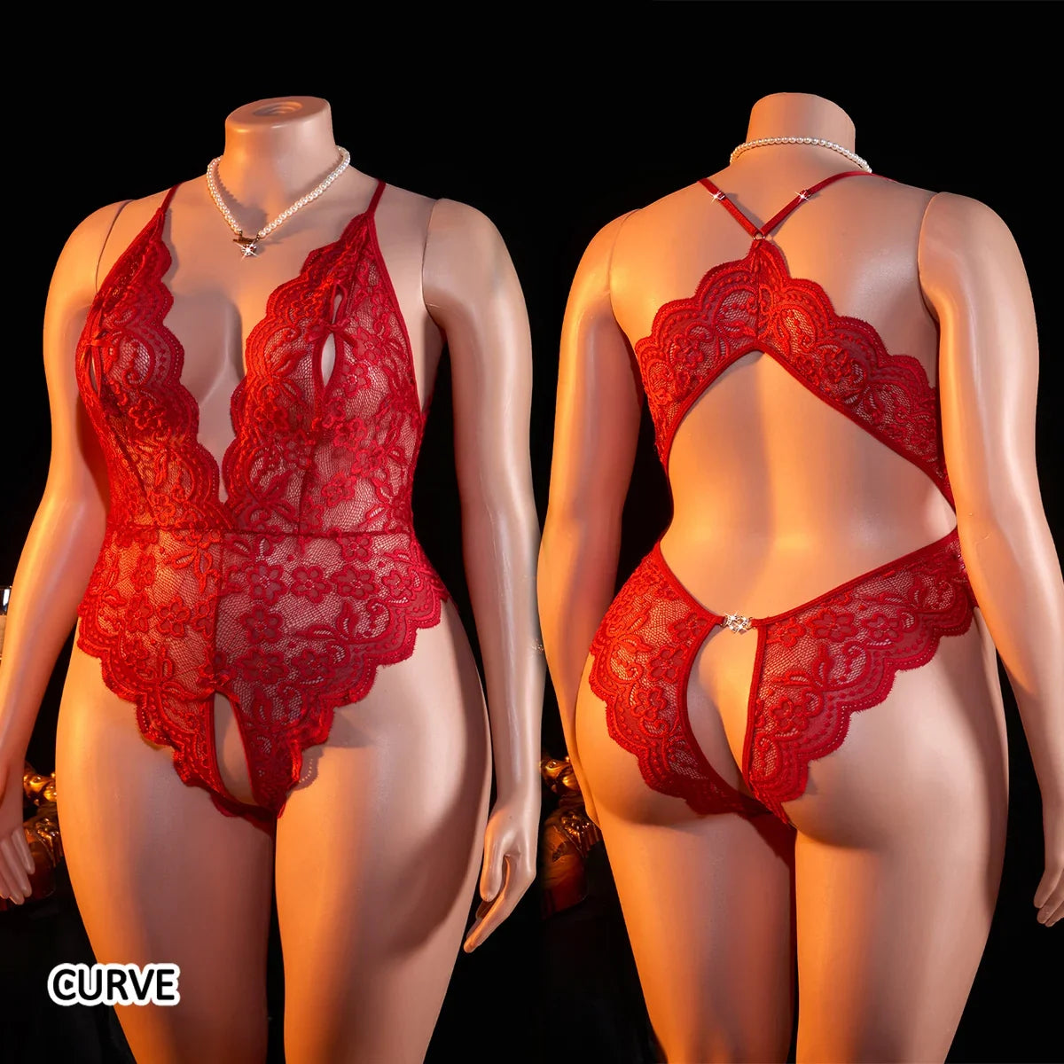Plus Size Sexy Crotchless Lingerie Women Lace Hollow Bodysuit Erotic Pajamas Teddy Babydoll Dress Deep V Open Bra Underwear Set