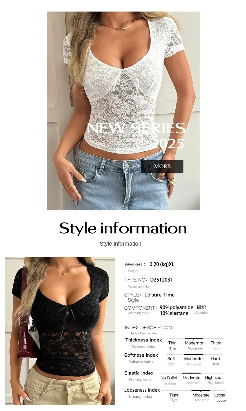 Phantasy Women's Lace Short Sleeve Shirt Sexy Hot Girl Y2K V-Neck Slim Top Bow Knitted Low Cut Short Top Summer Women Clothing