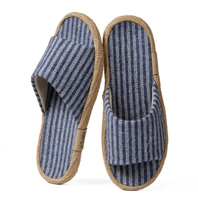 Janpanest Style Cotton Linen Slippers For Womeen Men Leisure House Shoes Striped Style Anti-slip Couples Home Breathable Slides