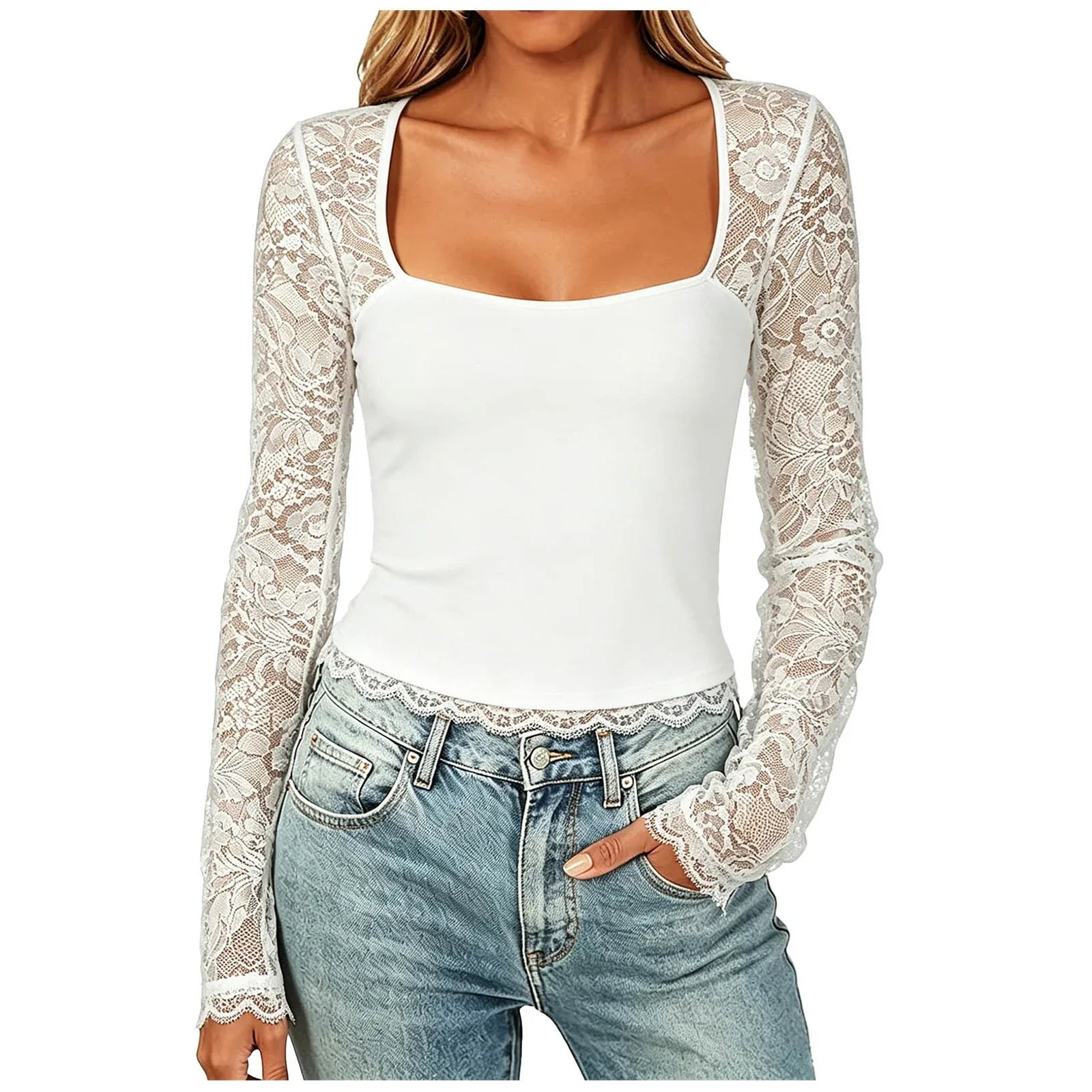 Women'S Sexy Lace Patchwork Square Collar Long Sleeve T-Shirt Elegant Sheer Mesh Slim Fit Cropped Top Spring/Fall 2026 Basic Top