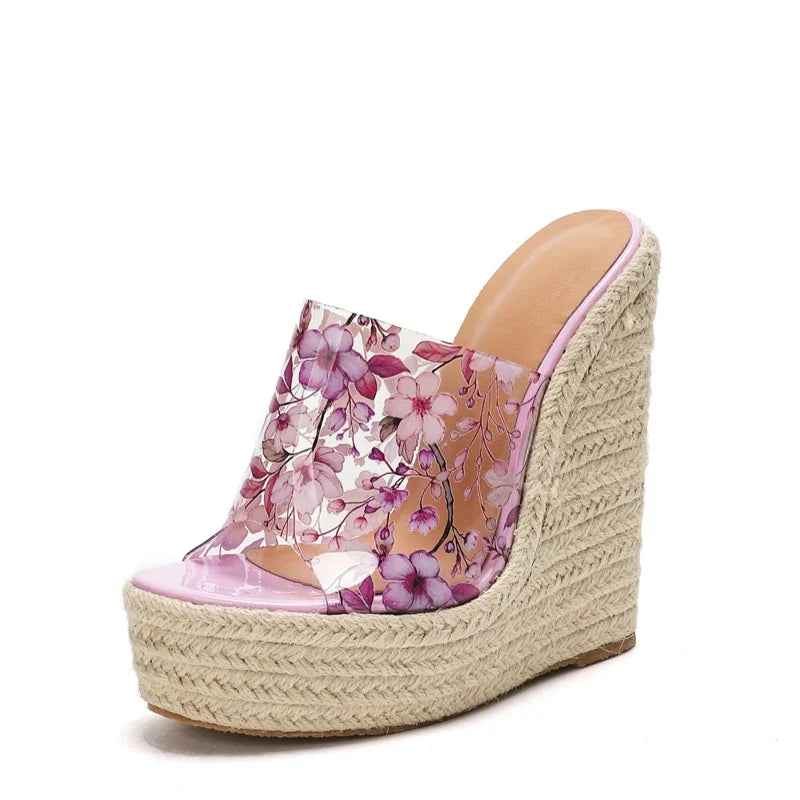 Flower PVC Transparent Open Toe Platform Wedges Women Slippers Fashion Twine Weave High Heels Banquet Slide Shoes