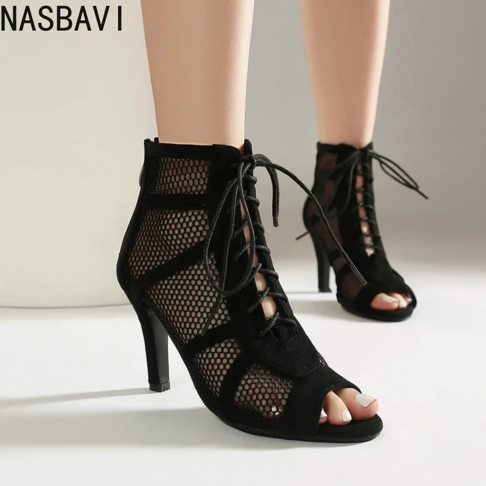 NASBAVI Women Latin Dance Boots Tango Party Shoes for Ladies Girls High Heels Ballroom Dance Shoes Mesh Rumba Samba Salsa Shoes