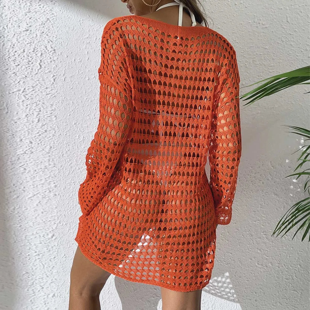 Womens Beach Cover Up Knit Solid Color Long Sleeve Dress Sexy Slim-Fit Beachwear Cover Up Beach Holiday Sun Protection Clothing