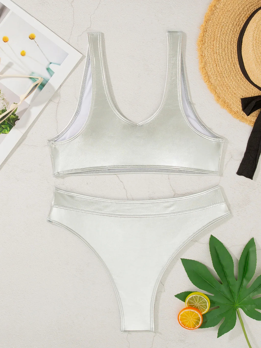 sexy metallic bandeau bikinis sets two pieces 2026 high waist thong swimsuit female bathing suit swimwear biquini tankini