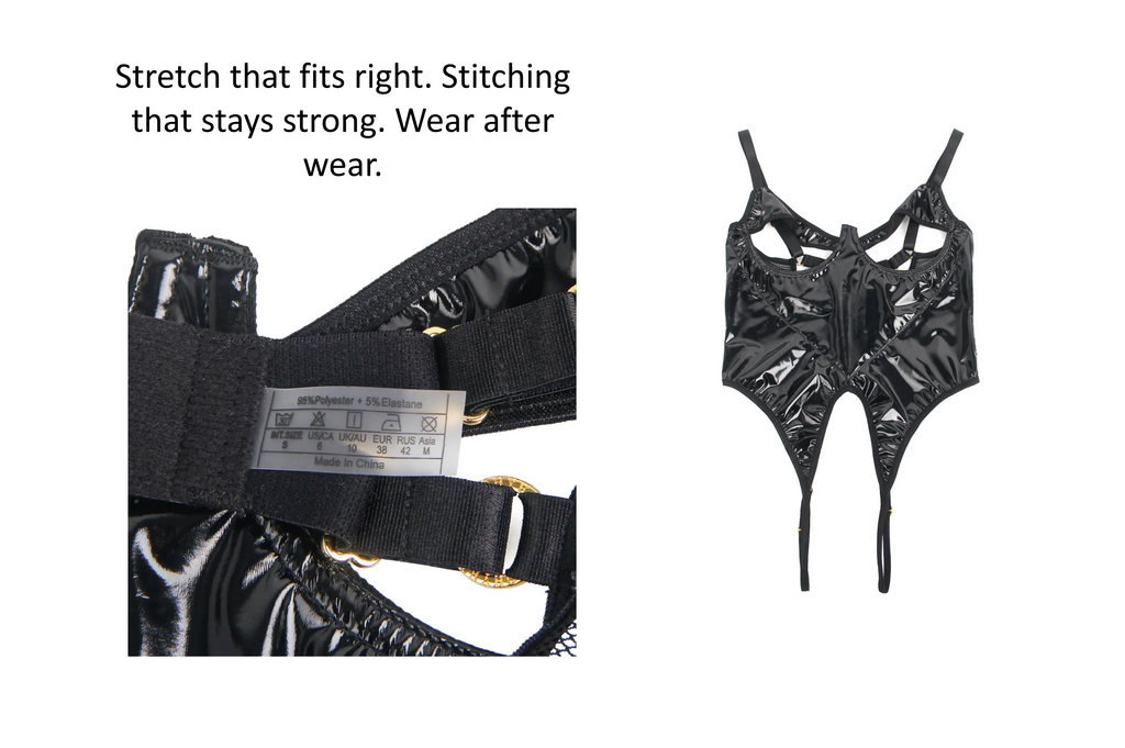 Black PU Leather Mesh Bodysuit for Women Hollow Out Open Crotch Teddy Lingerie Push Up One Piece Jumpsuit Underwear as Outerwear
