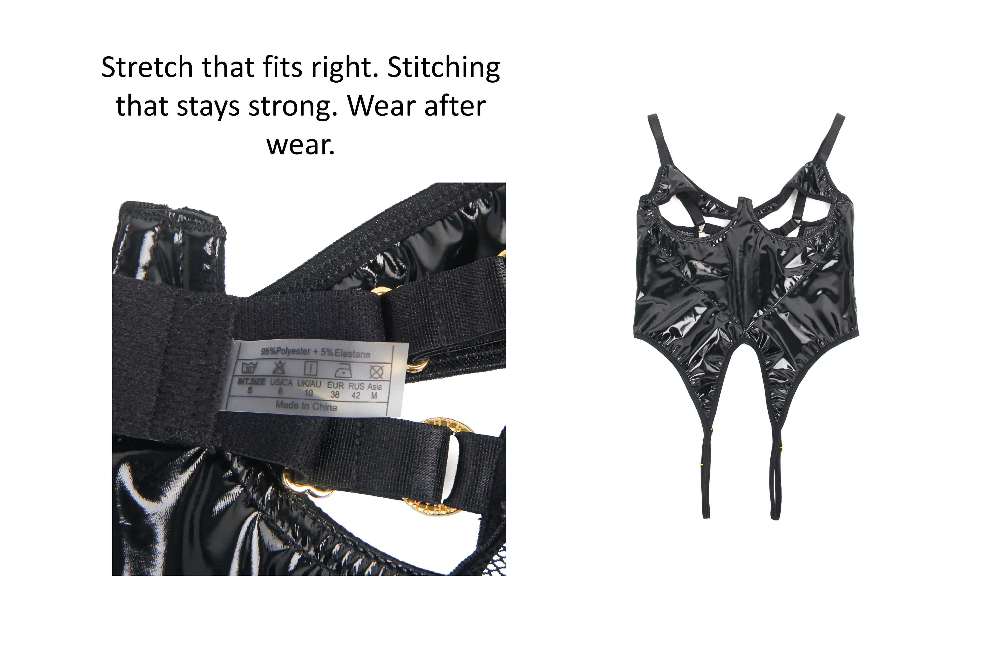 Black PU Leather Mesh Bodysuit for Women Hollow Out Open Crotch Teddy Lingerie Push Up One Piece Jumpsuit Underwear as Outerwear