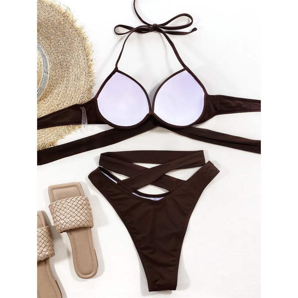 Sexy Wrap Around High Waist Bikini Female Swimsuit Women Swimwear Two-pieces Bikini Set Bandage Bather Bathing Suit Swim V3115