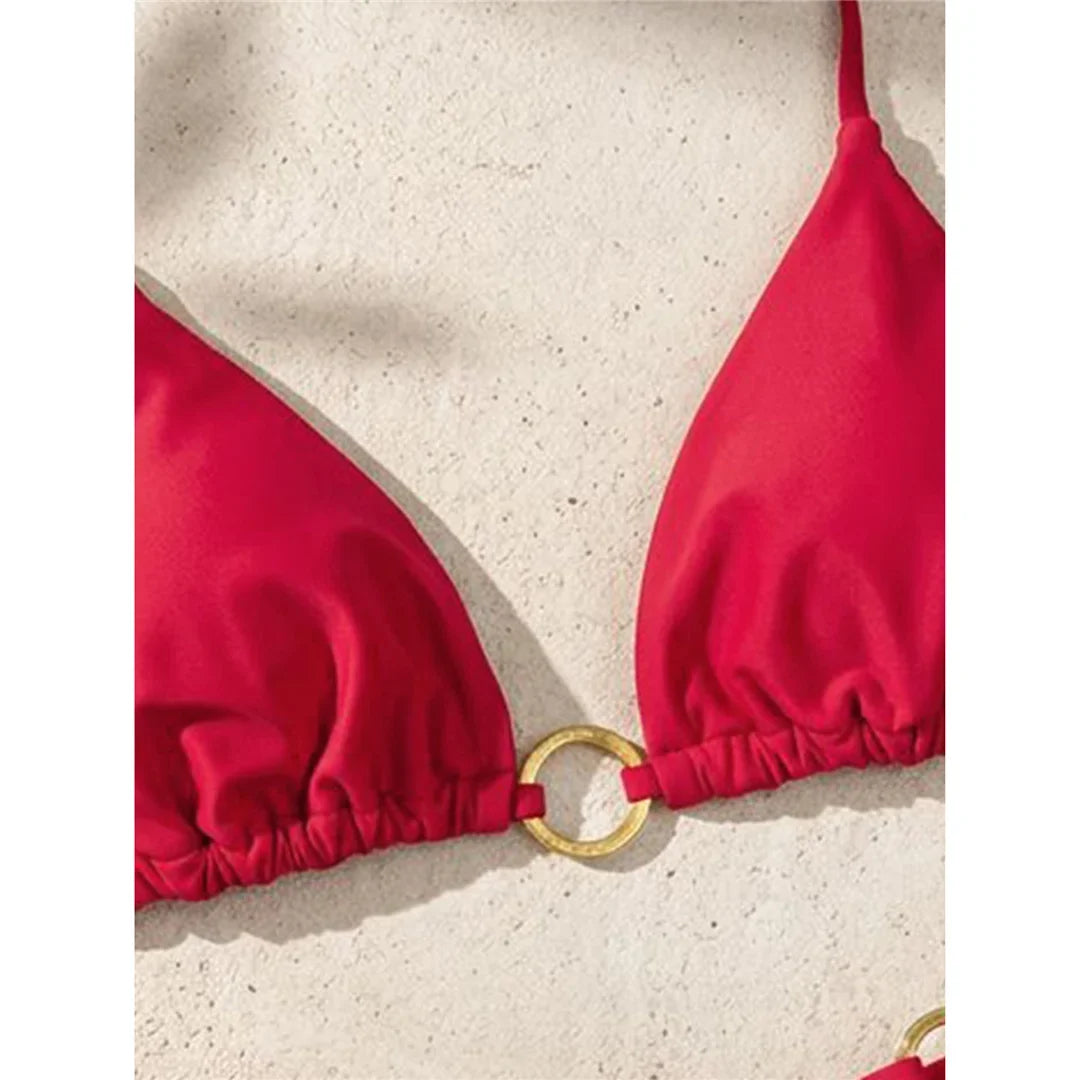 XS - L Halter Metal Ring Mini Thong Bikini Female Swimsuit Women Swimwear Bather Bathing Suit Swim Two-pieces Bikini set K8107