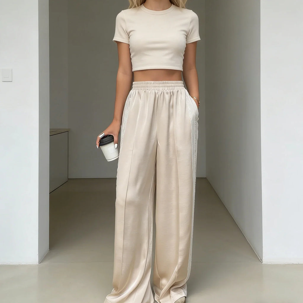 Elegant Solid Color Women's Satin Wide Leg Pants Lace Trim High Waist Loose Fit Trousers For Daily Vacation