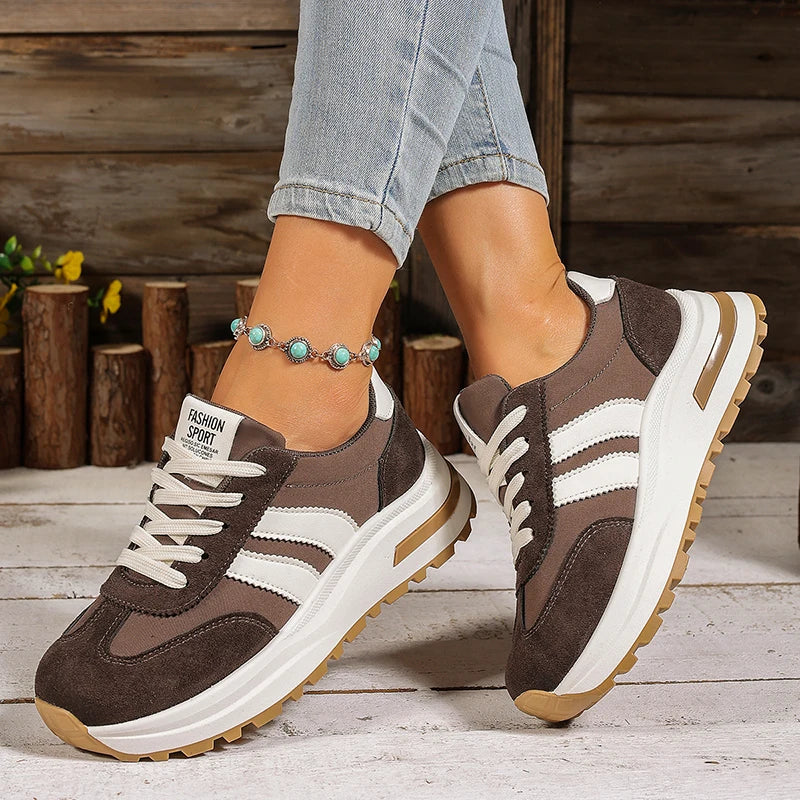 Fashion Stripe Thick Bottom Sneakers Women 2026 Autumn Platform Lace Up Sport Shoes Woman Anti Slip Thick Sole Running Shoes