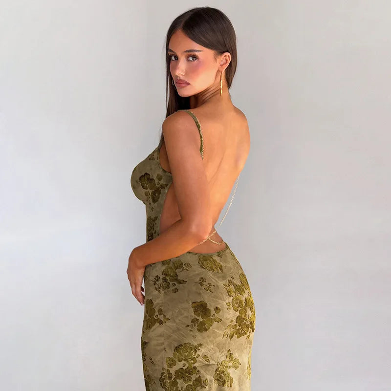 FDYOUI Sexy Elegant Chain Backless Green Floral Evening Dress for Women Sleeveless Bodycon Long Cocktail Dresses Party Club Gown