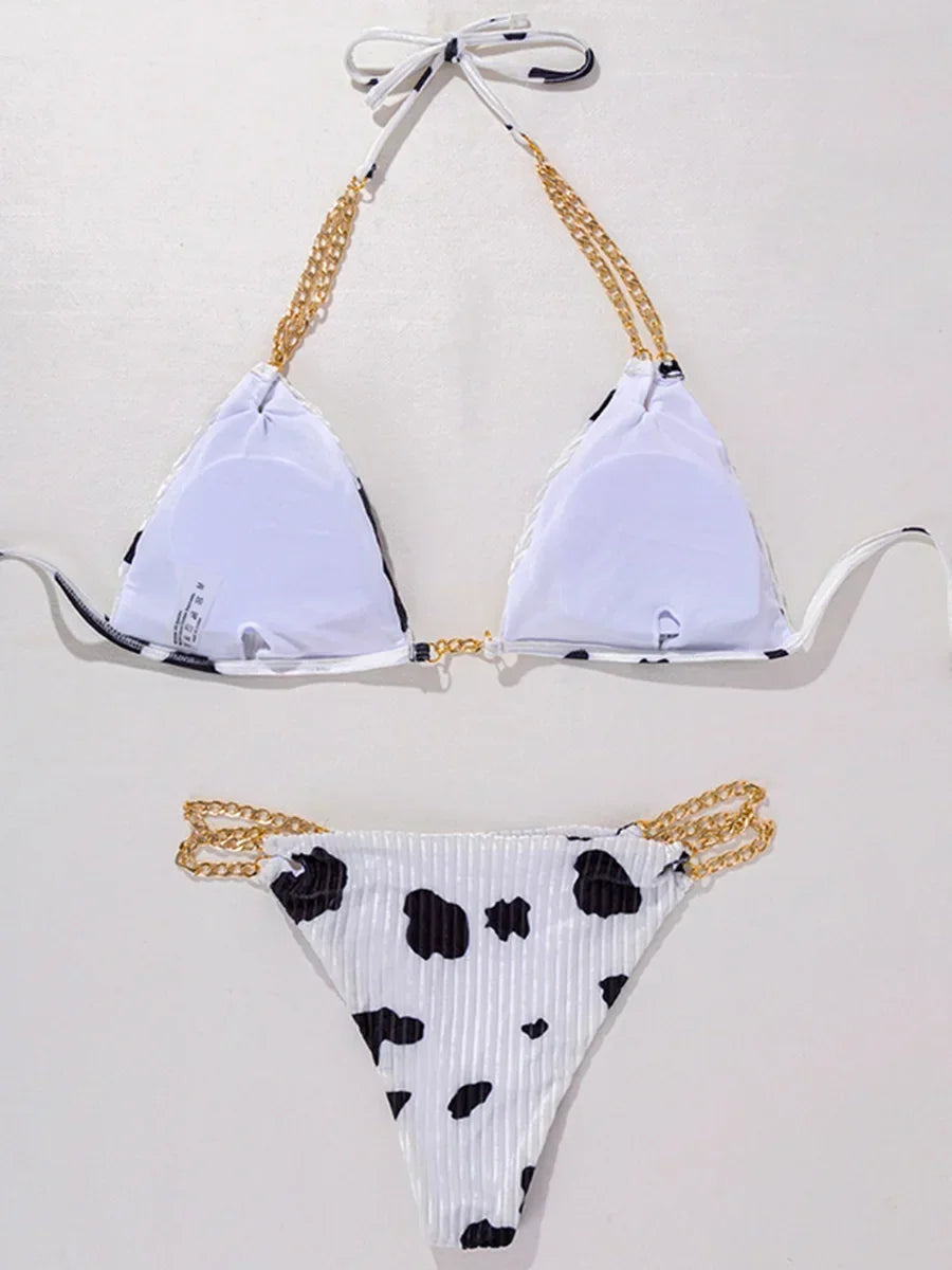 Sexy Cow Print Halter Metal Chains Brazilian Bikini Women Swimsuit Female Swimwear Two Pieces Bikini Set Bathing Suit Swim Lady